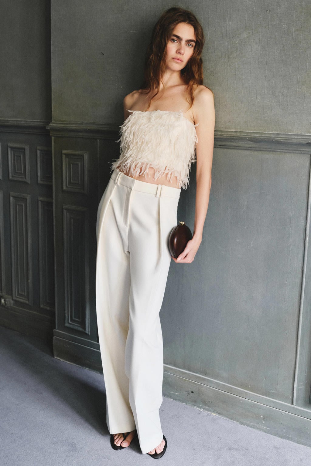 Ecru dames Mango top van polyamide met effen, strapless hals en veren