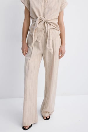 straight regular waist broek met linnen met krijtstreep beige