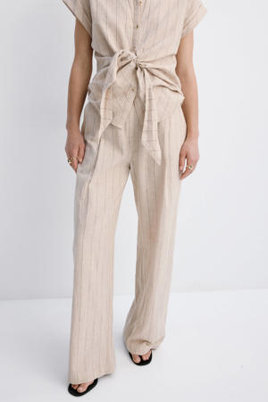 straight regular waist broek met linnen met krijtstreep beige