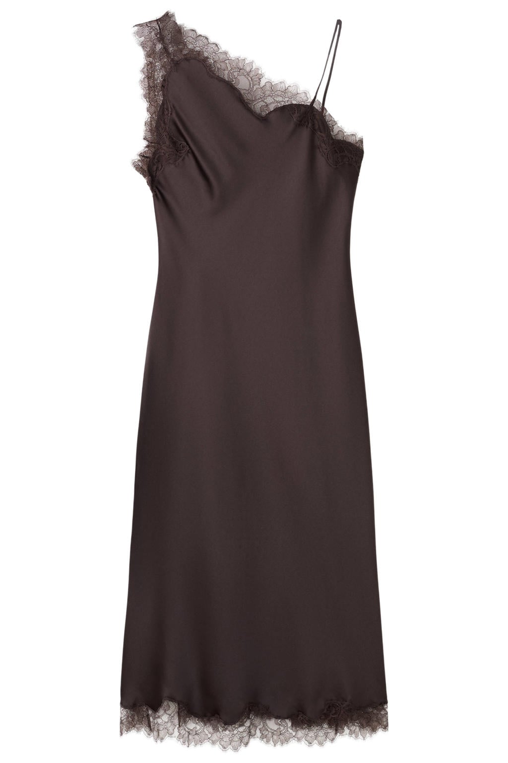 Bruine dames Mango one shoulder jurk van polyester met effen, korte mouwen en kant