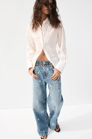 low waist gebloemde straight leg jeans medium blue denim