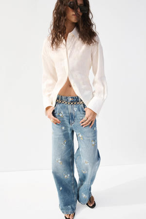 low waist gebloemde straight leg jeans medium blue denim