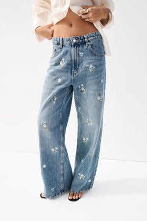 low waist gebloemde straight leg jeans medium blue denim