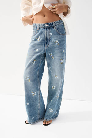 low waist gebloemde straight leg jeans medium blue denim