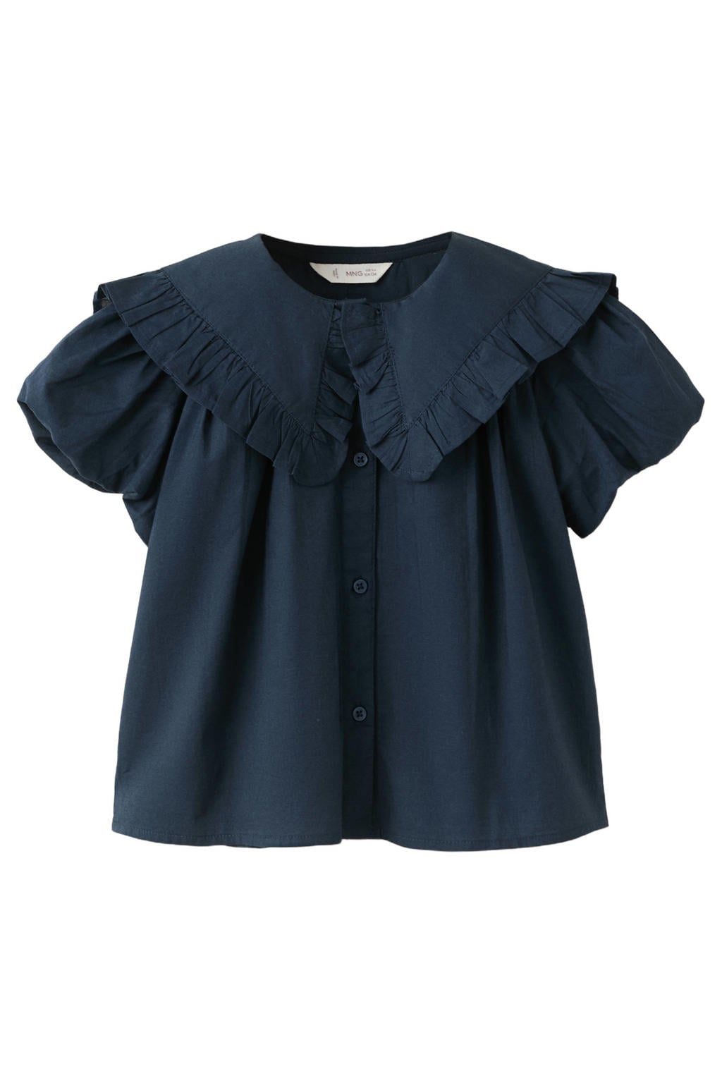 Donkerblauwe meisjes Mango Kids blousetop van katoen met effen, korte mouwen, peter pan-kraag en ruches