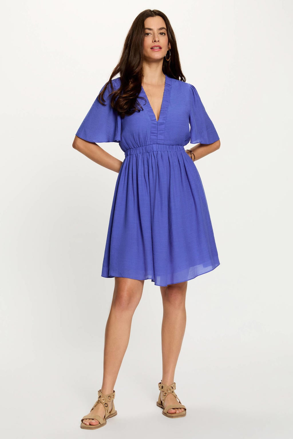Blauwe dames Morgan semi-transparante korte zomerjurk van viscose met effen, korte mouwen en V-hals