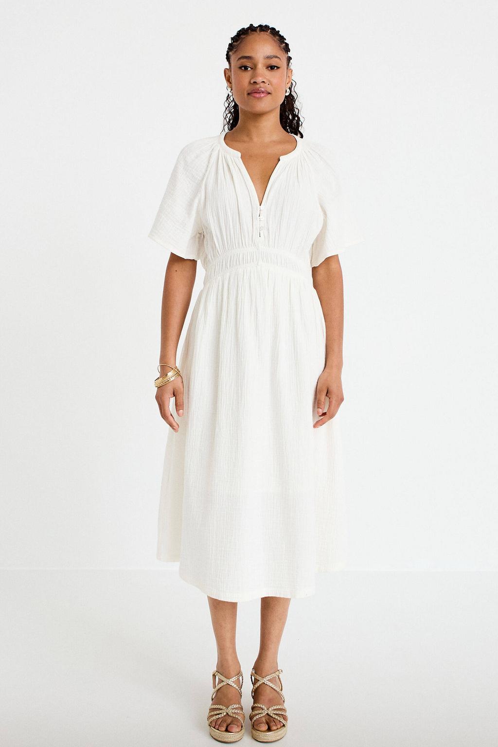 Witte dames Cache Cache zomerjurk van katoen met effen, half lange mouwen, V-hals, knoopsluiting en crinkle cotton