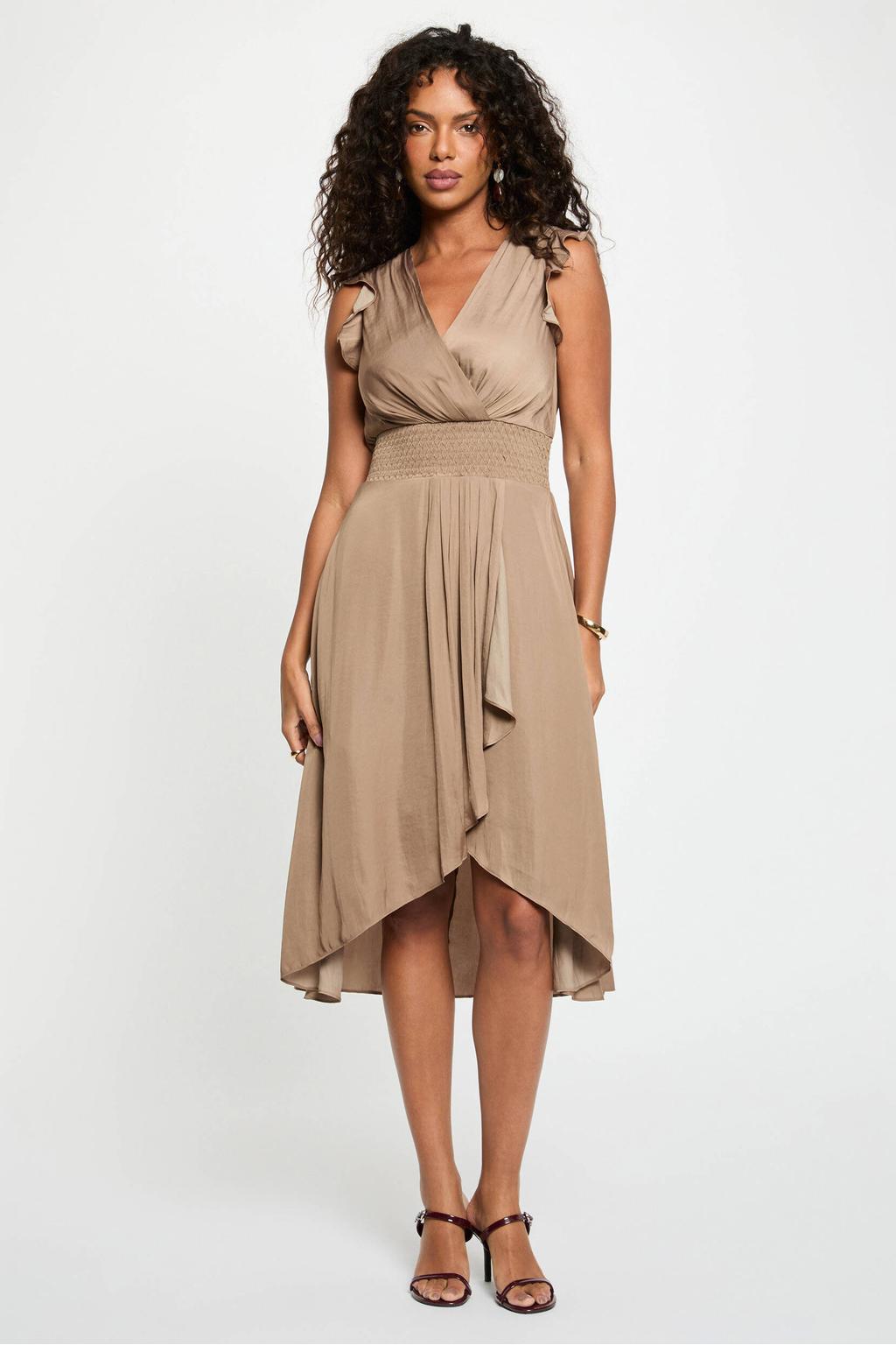 Taupe dames Morgan jurk van polyester met effen en V-hals