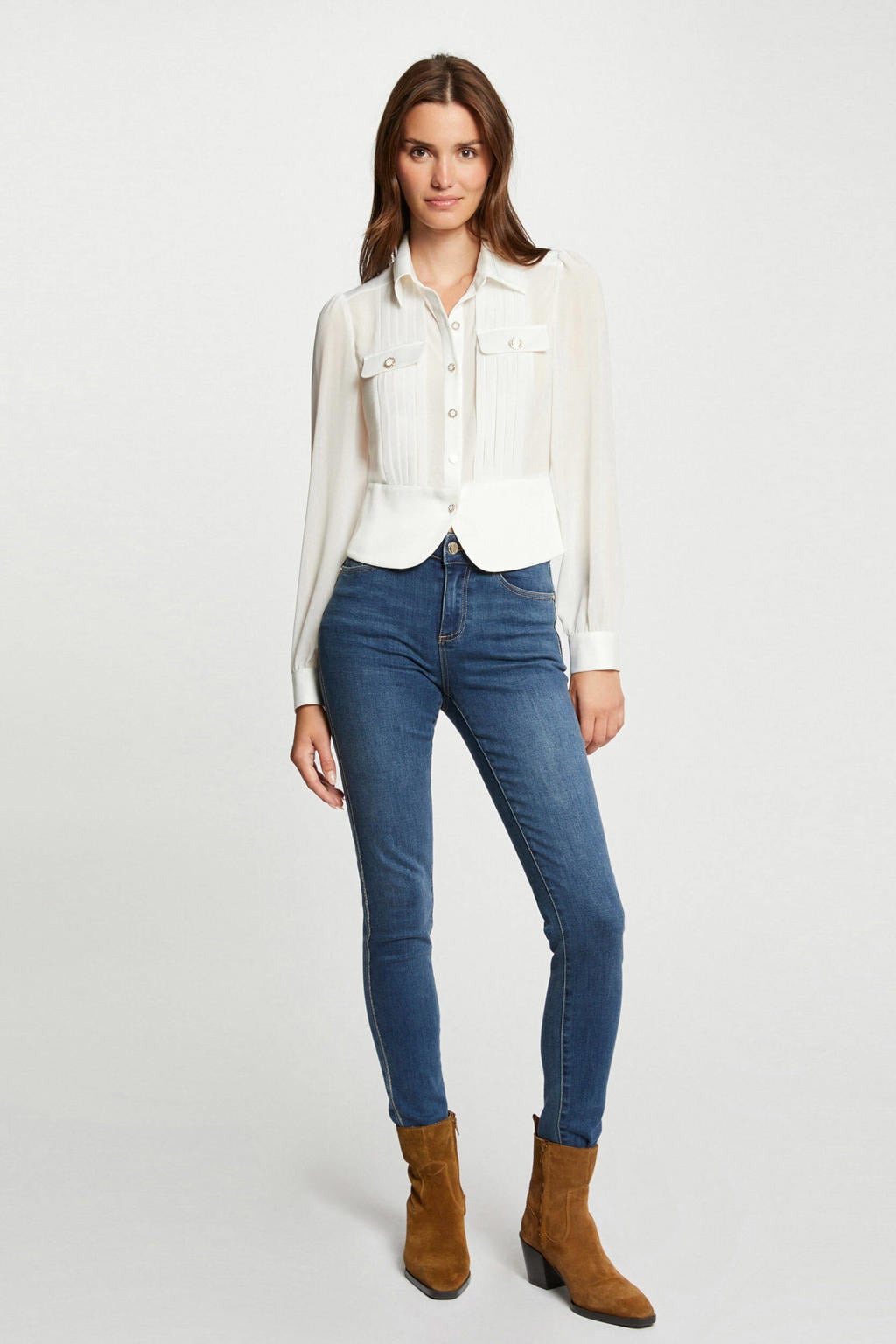 Ecru dames Morgan satijnen blouse met effen, lange mouwen, reverskraag, knoopsluiting en plooien