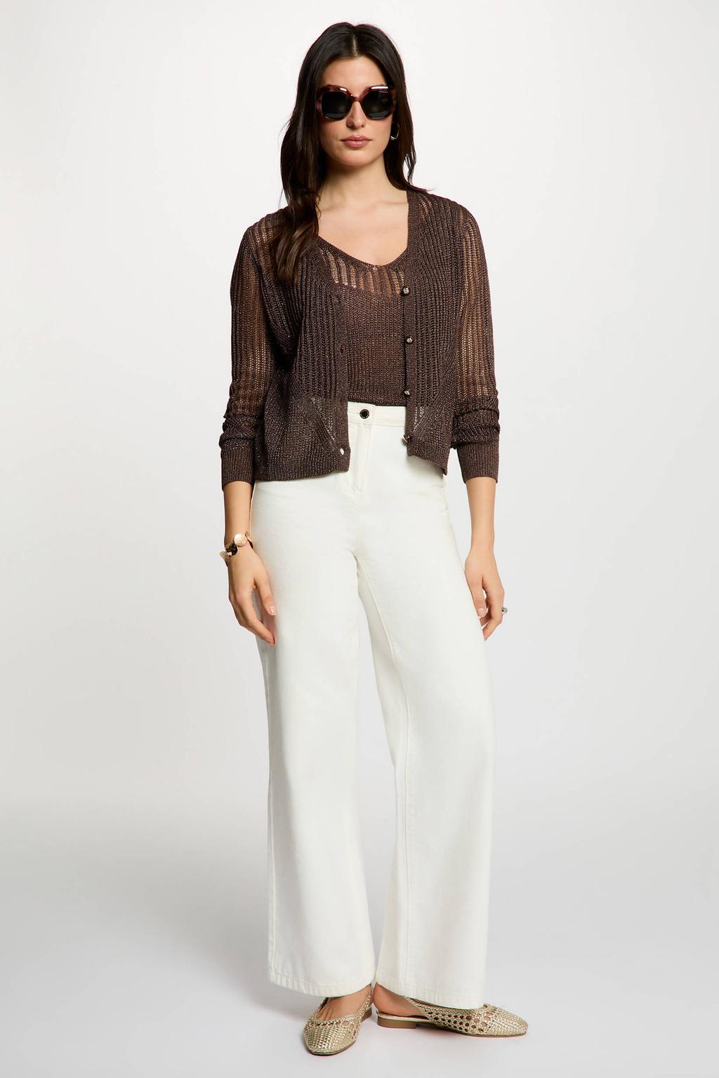 Donkerblauwe dames Morgan fijn gebreid vest van viscose met effen, lange mouwen, V-hals, knoopsluiting en glitters