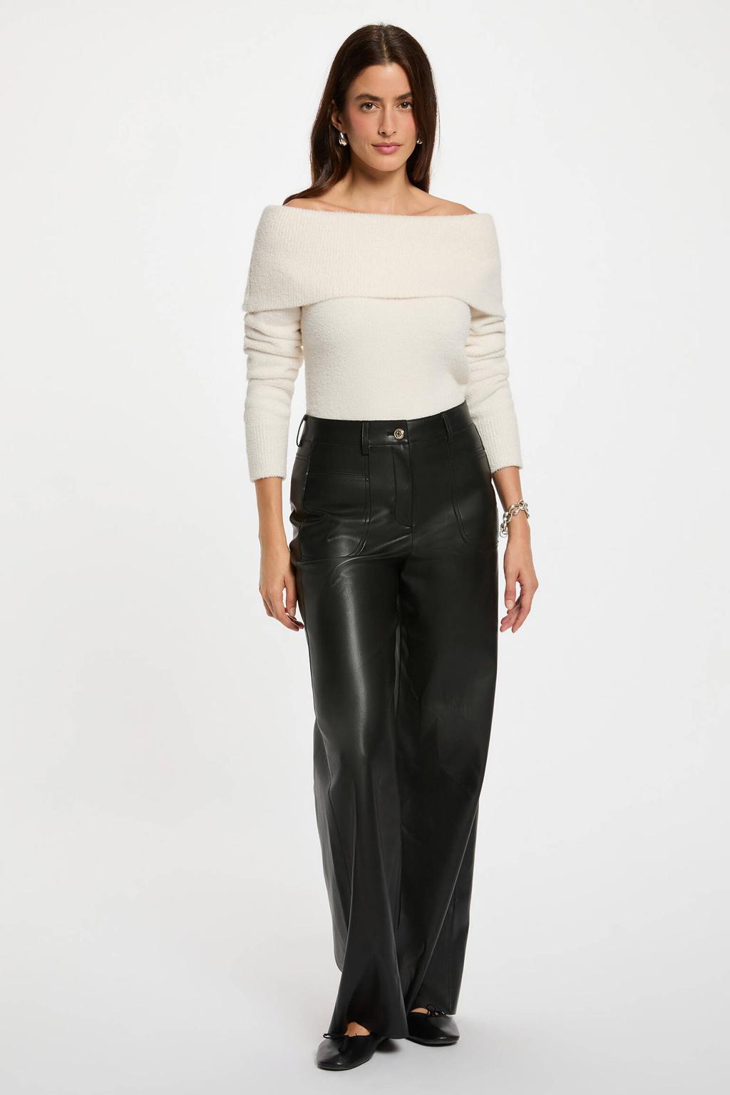 Ecru dames Morgan off shoulder trui van polyester met lange mouwen en geribde boorden