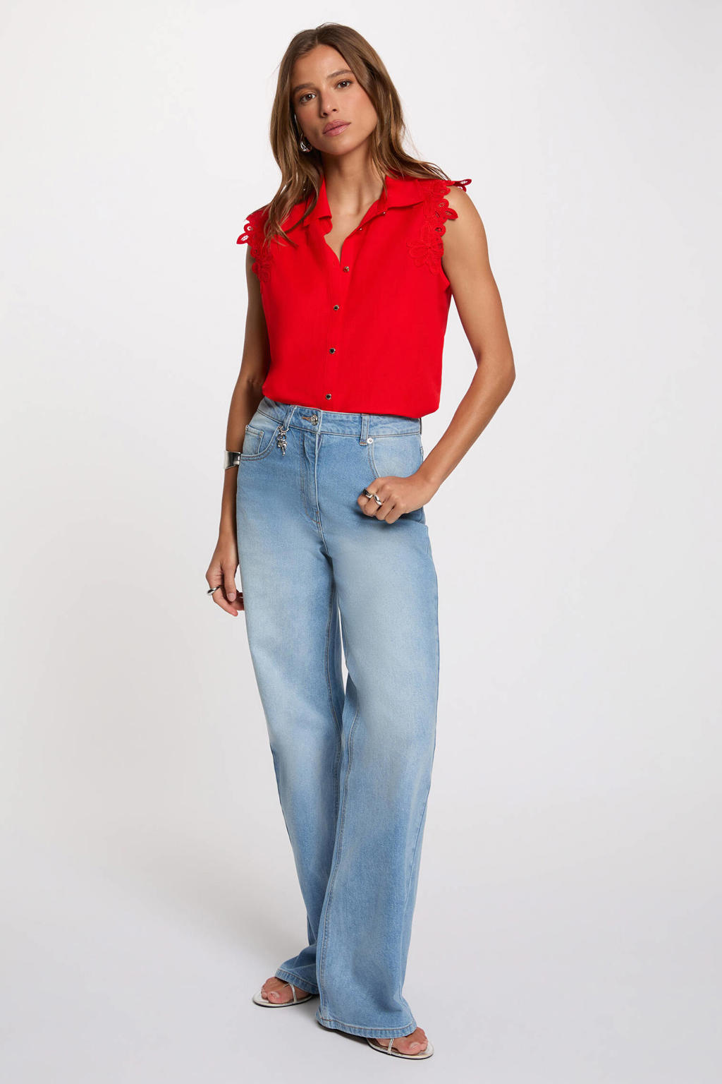 Rode dames Morgan blouse van viscose met effen, klassieke kraag en knoopsluiting