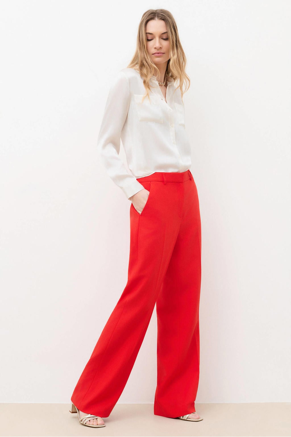 Rode dames Caroll wide leg regular waist broek van lyocell met rits- en haaksluiting en effen