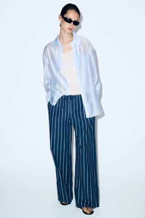 wide leg regular waist broek met krijtstreep dark blue denim