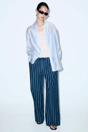 wide leg regular waist broek met krijtstreep dark blue denim