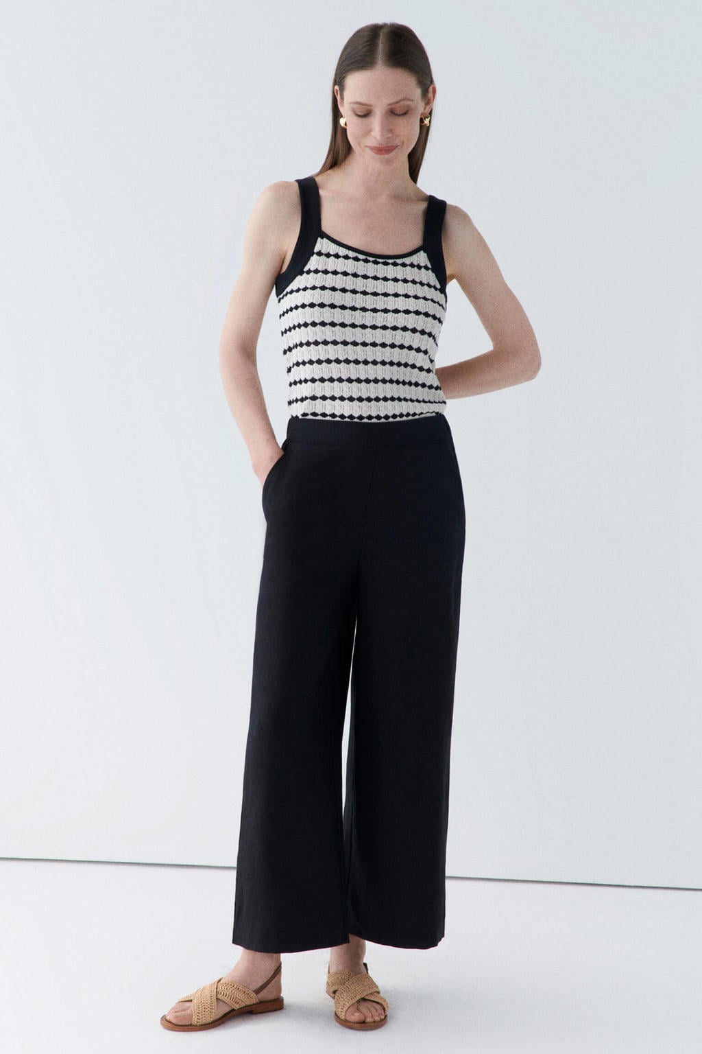 Zwarte dames Caroll wide leg high waist casual broek van linnen met elastische inzet en effen