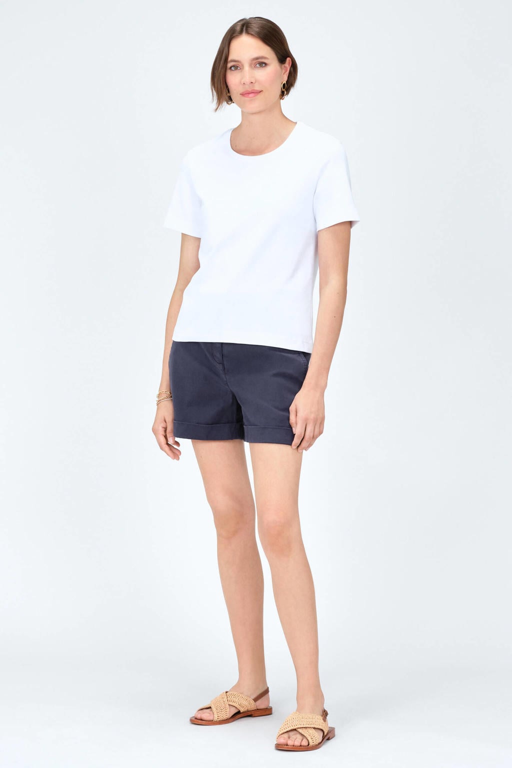 Ecru dames Caroll T-shirt van katoen met effen, korte mouwen en ronde hals