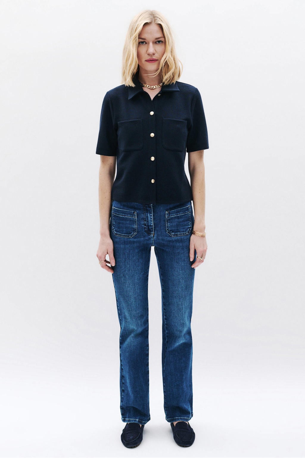 Marineblauw dames Caroll blouse van polyester met effen, korte mouwen, klassieke kraag en knoopsluiting