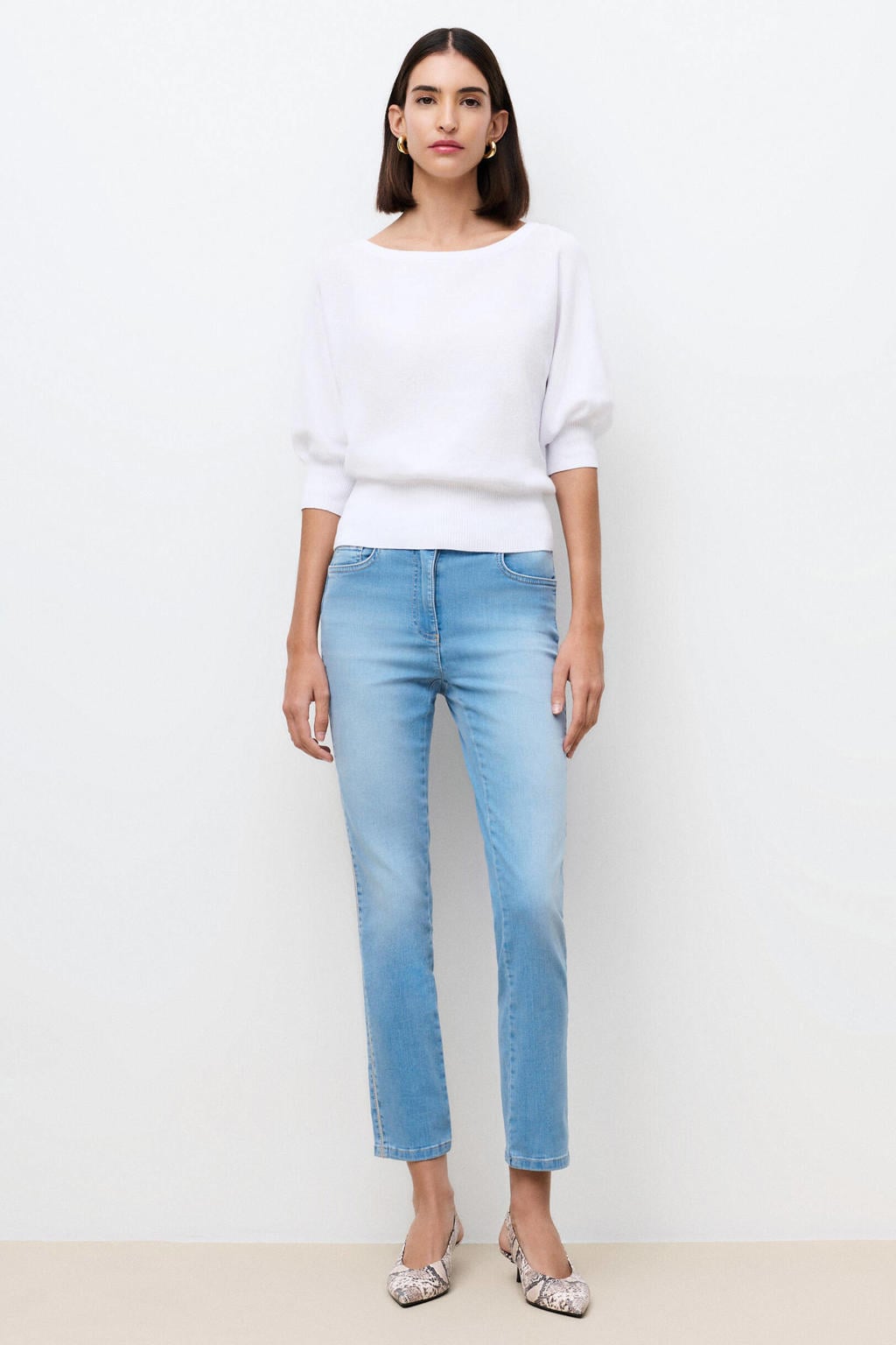 Witte dames Caroll top met effen, half lange mouwen en boothals