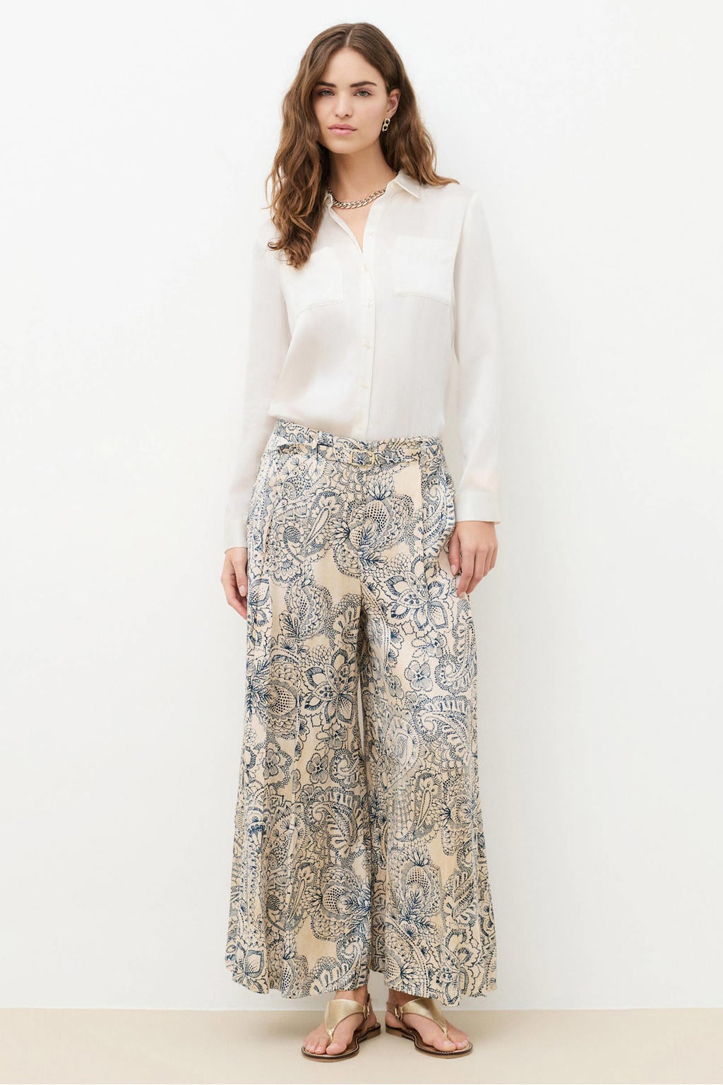 Ecru en blauwe dames Caroll wide leg regular waist gebloemde broek van viscose