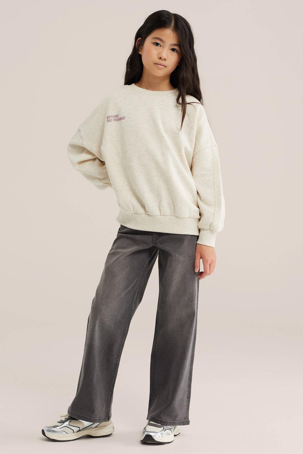 Grey denim meisjes WE Fashion wide leg jeans van stretchdenim met rits- en knoopsluiting en effen