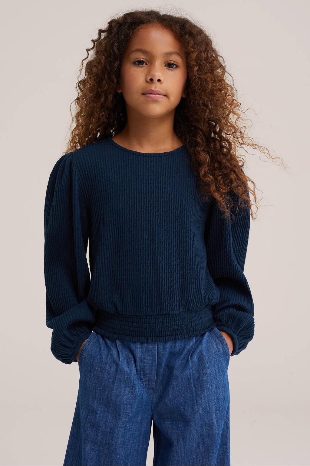 Donkerblauwe meisjes WE Fashion blousetop van polyester met effen, lange mouwen, ronde hals, knoopsluiting en textuur