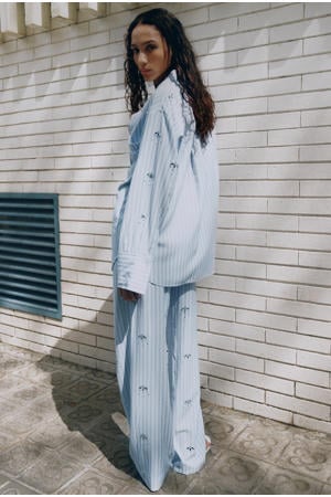 wide leg regular waist broek met krijtstreep lichtblauw