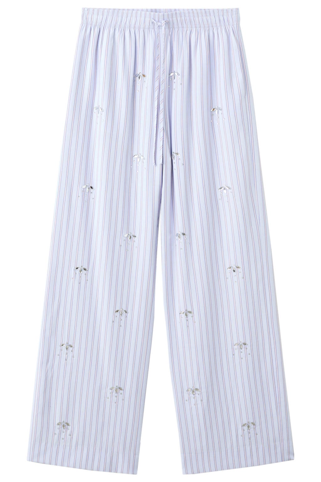 Lichtblauw en roze dames Mango wide leg regular waist broek met elastische tailleband met koord en krijtstreepprint
