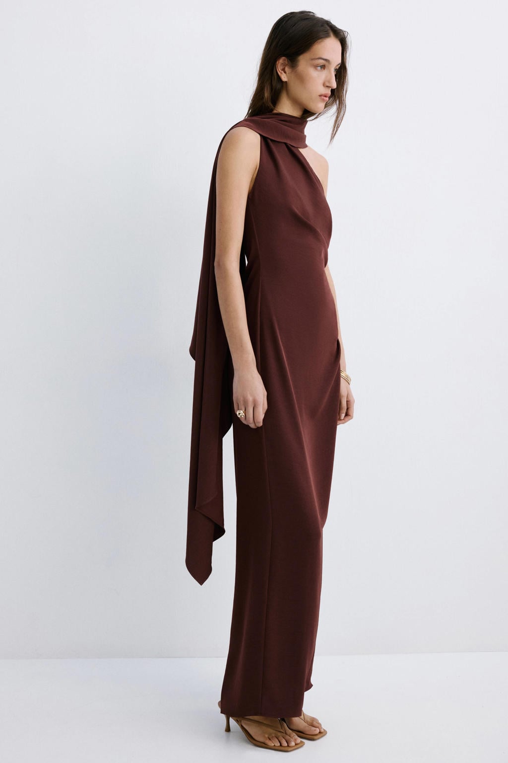 Bruine dames Mango galajurk van polyester met effen, one shoulder en ritssluiting