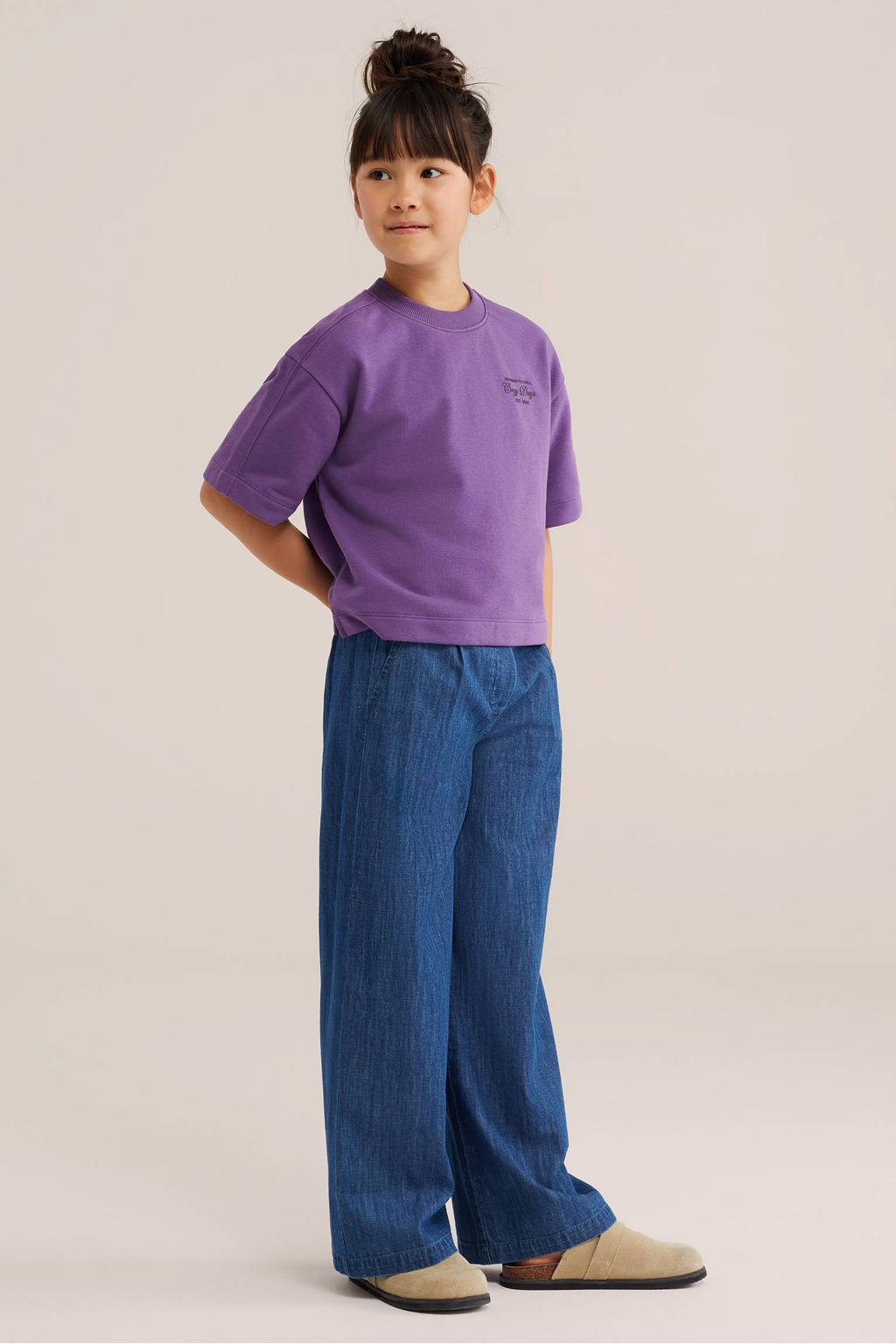 Dark blue denim meisjes WE Fashion Blue Ridge loose fit broek van denim met high waist, elastische tailleband en effen