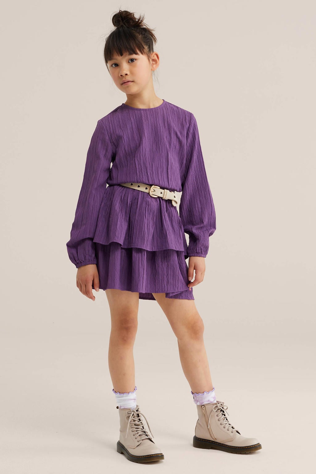 Paarse meisjes WE Fashion korte jurk van polyester met effen, lange mouwen, ronde hals, knoopsluiting en crinkle cotton