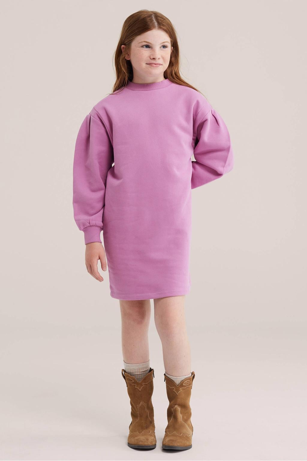 Lilakleurige meisjes WE Fashion van sweat materiaal met lange mouwen, ronde hals en geribde boorden