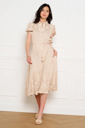 gebloemde midi jurk beige