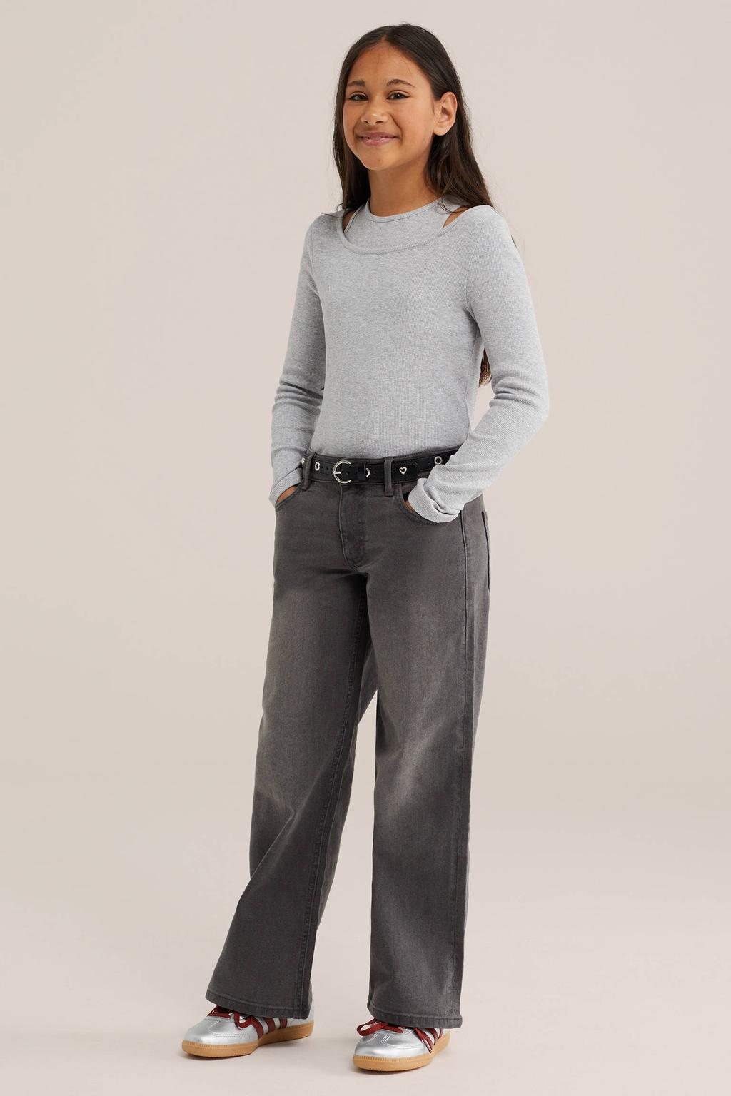 Grijze meisjes WE Fashion longsleeve van stretchkatoen met effen, lange mouwen en ronde hals