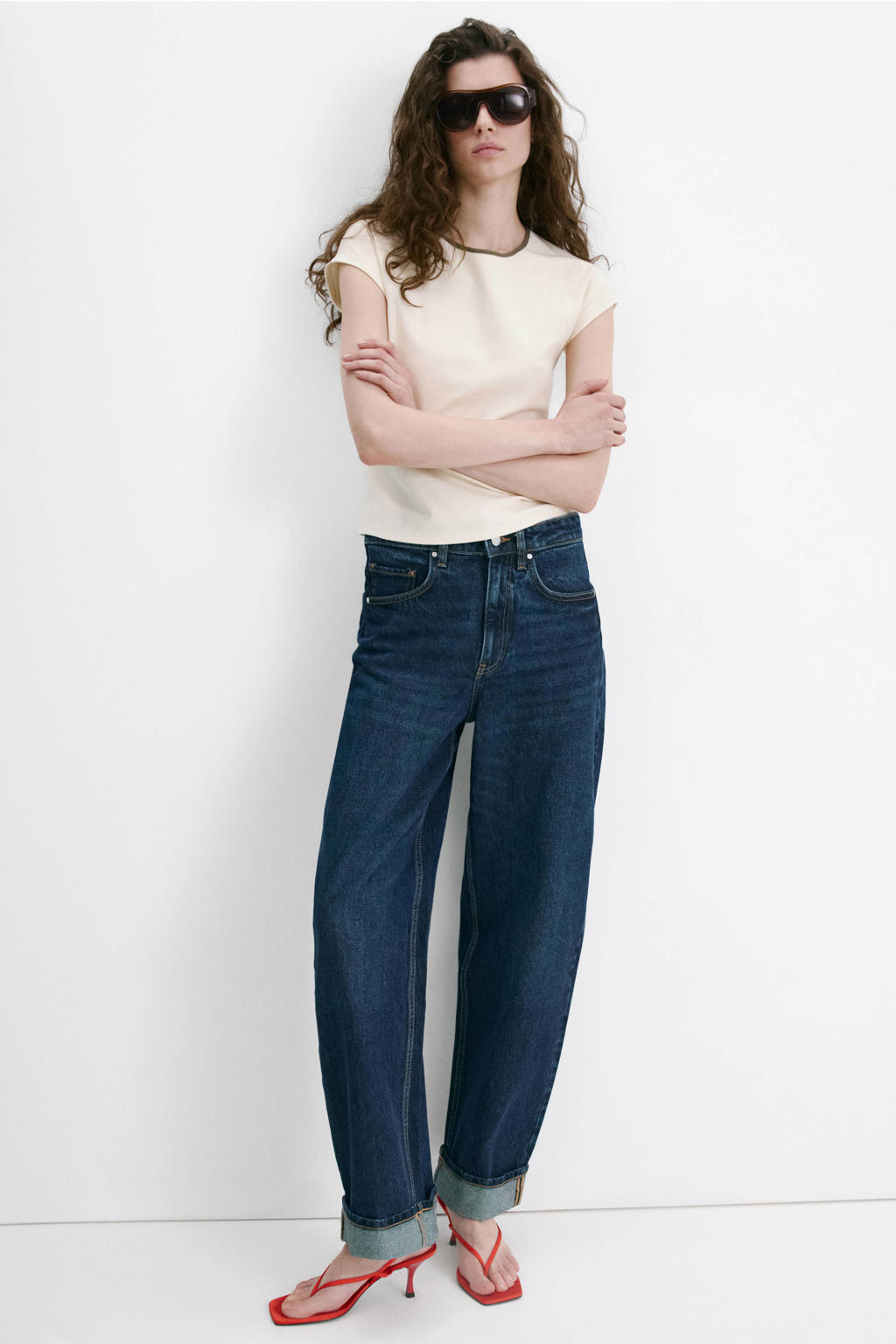 Ecru dames Mango top met effen, korte mouwen en ronde hals