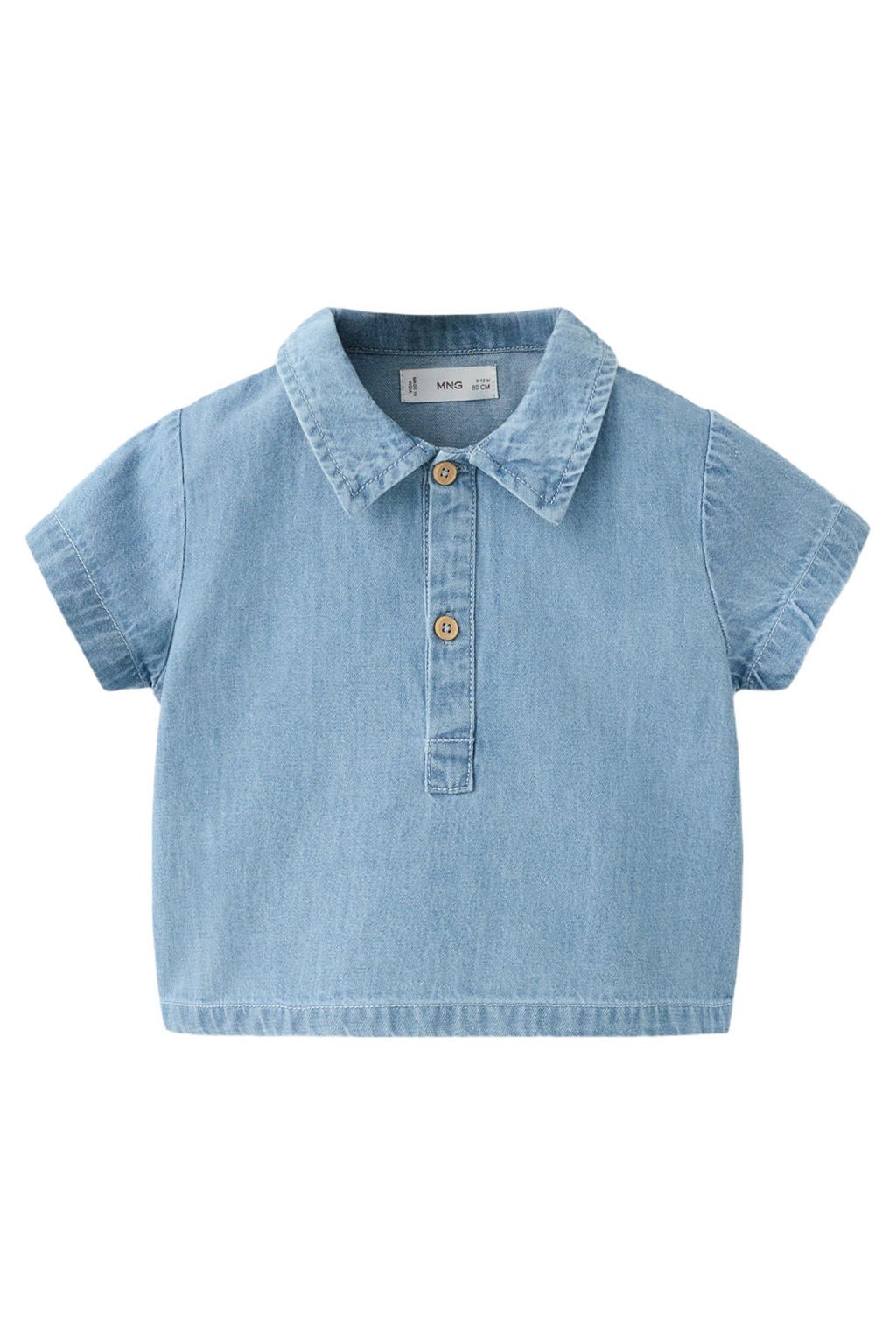 Light blue denim jongens Mango Kids polo van denim met effen, korte mouwen en knoopsluiting