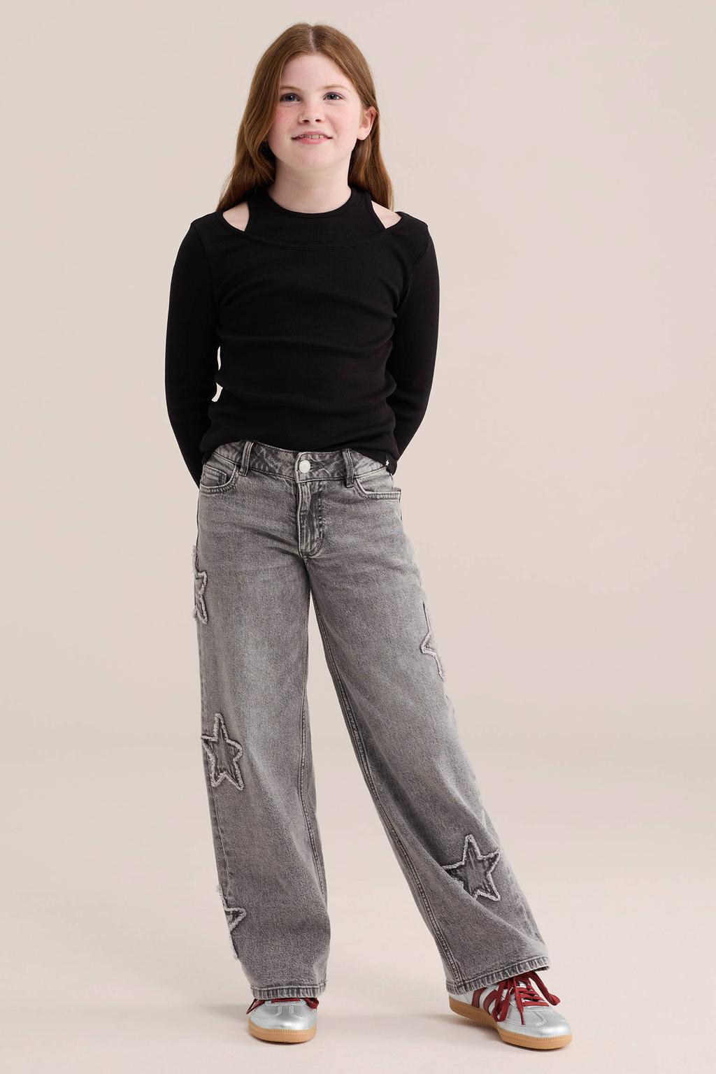 Zwarte meisjes WE Fashion longsleeve van stretchkatoen met effen, lange mouwen en ronde hals