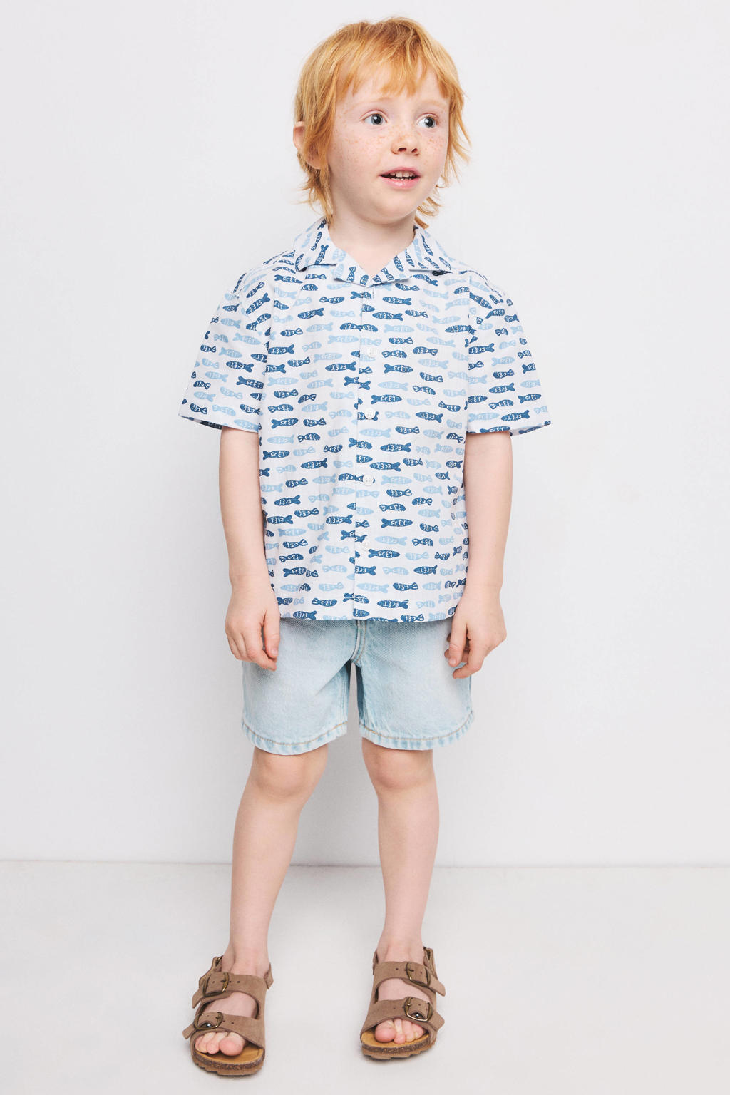 Lichtblauwe jongens Mango Kids casual overhemd van katoen met korte mouwen, klassieke kraag en knoopsluiting