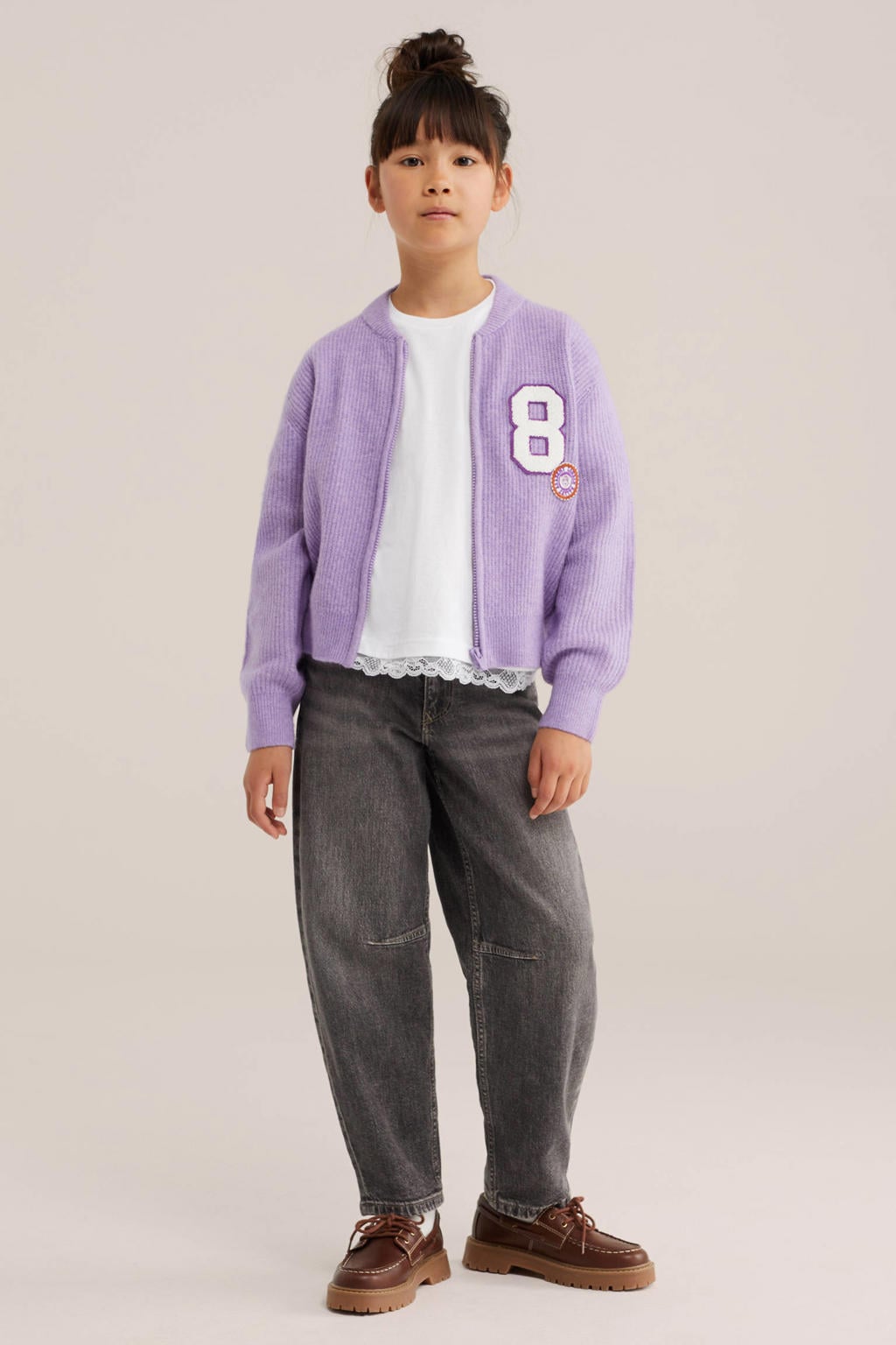 Lilakleurige meisjes WE Fashion gebreid vest en wol met lange mouwen, opstaande kraag en ritssluiting