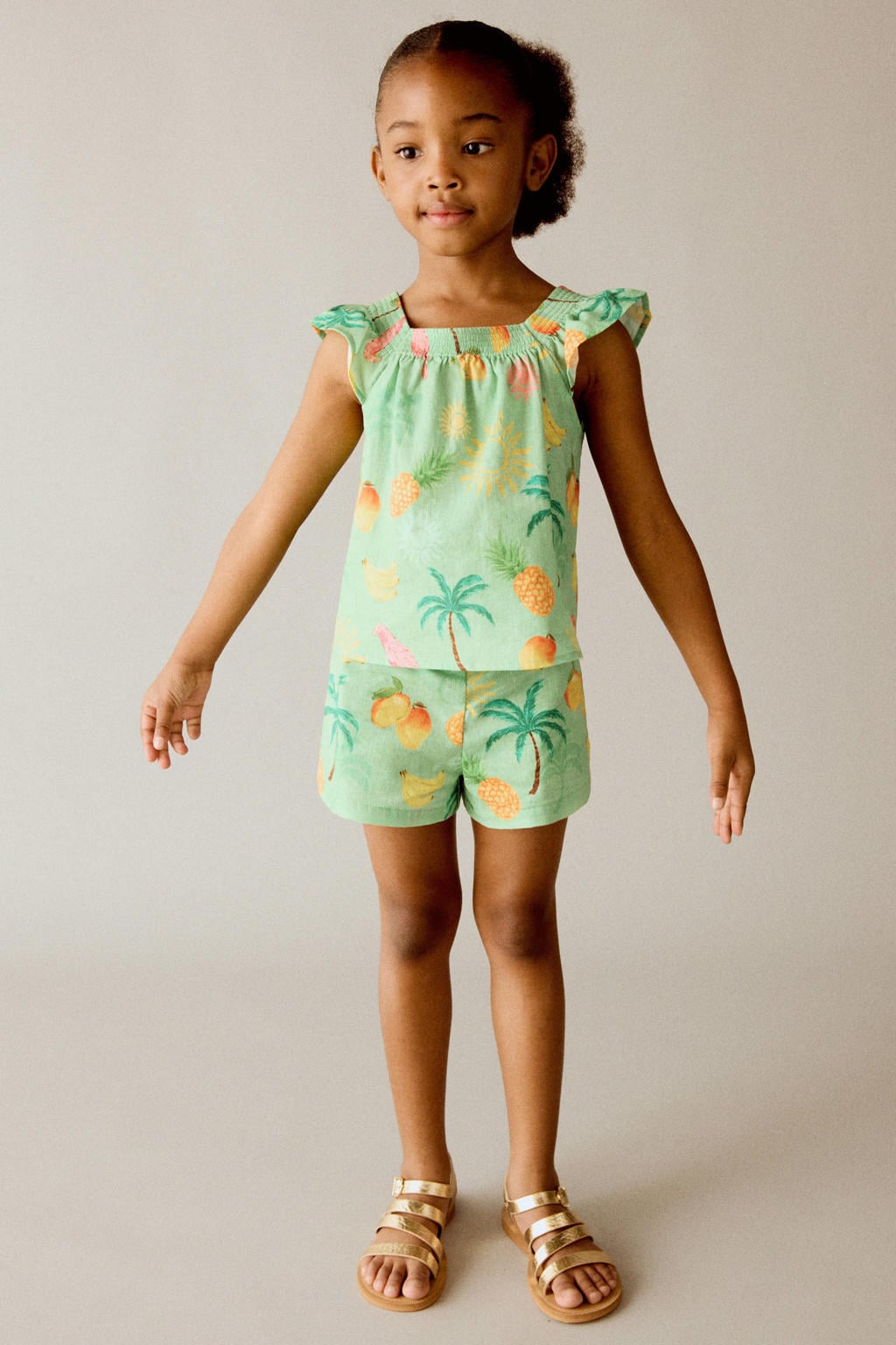 Groen en roze meisjes Mango Kids casual short van katoen met elastische tailleband met koord