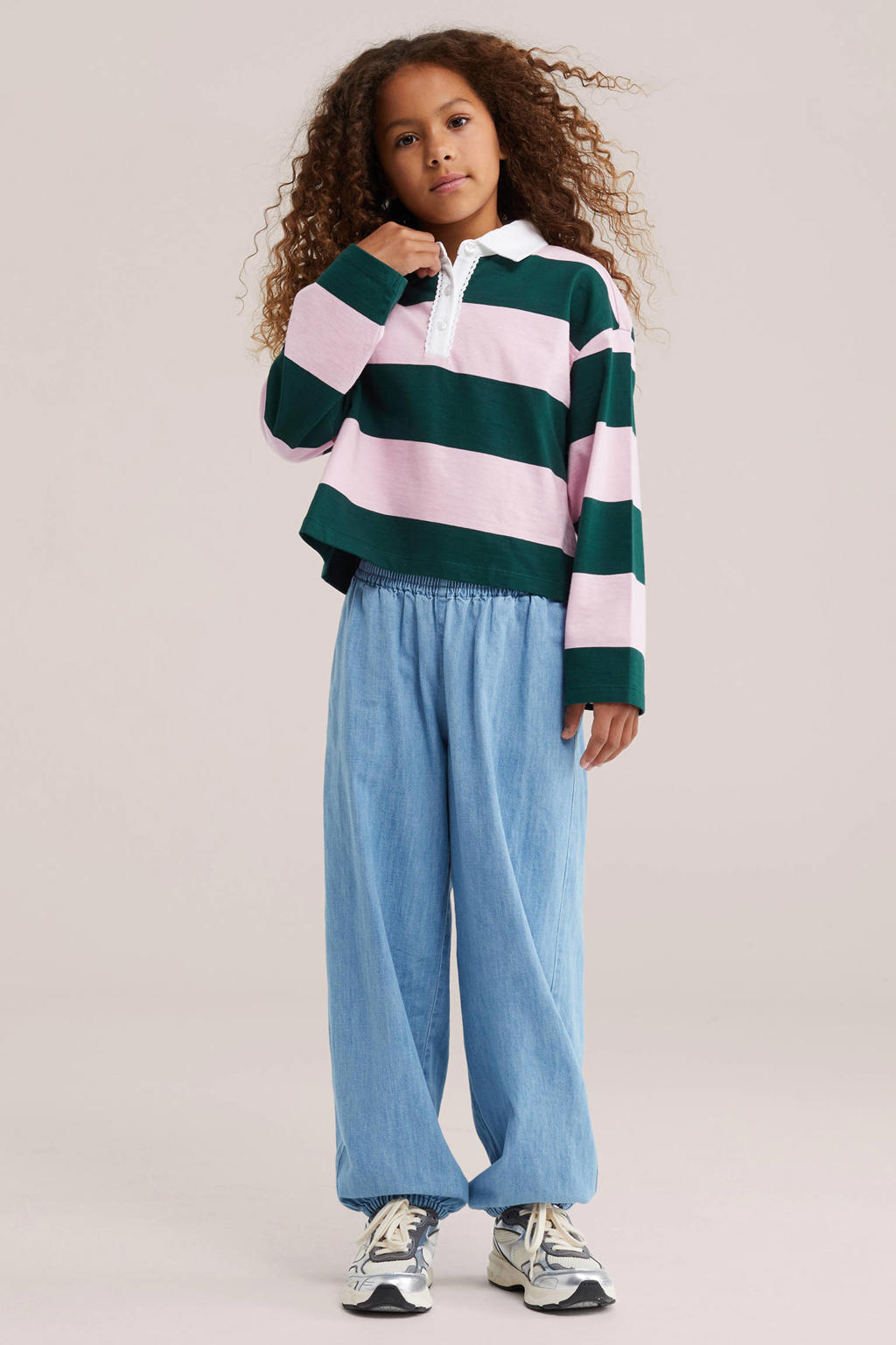 WE Fashion gestreepte polo - lichtroze/donkergroen