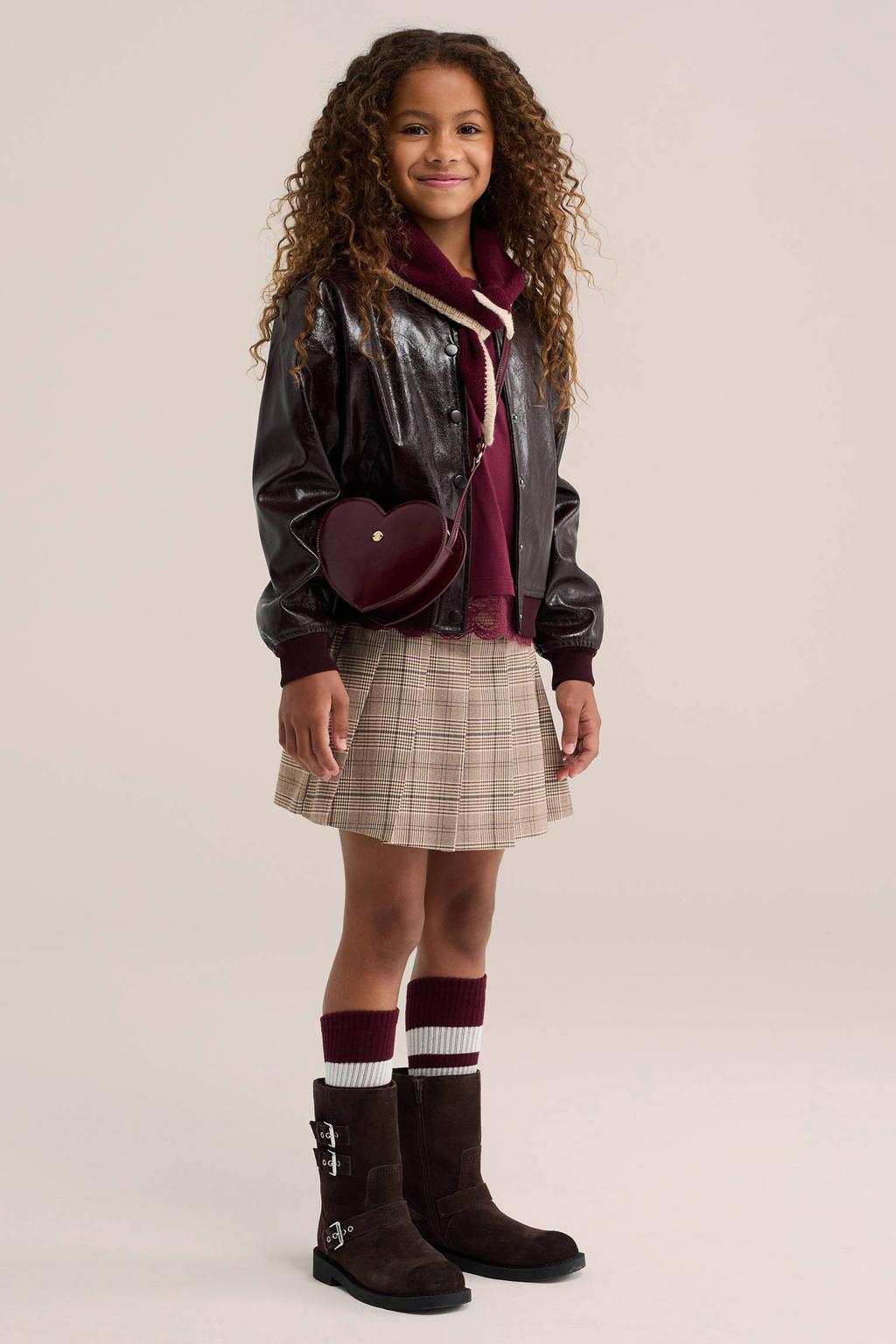 Beige meisjes WE Fashion geruite skort gemaakt van polyester en met elastische tailleband