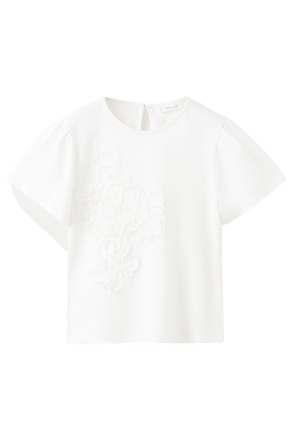 Witte meisjes Mango Kids T-shirt van katoen met effen, korte mouwen, ronde hals, knoopsluiting en borduursels