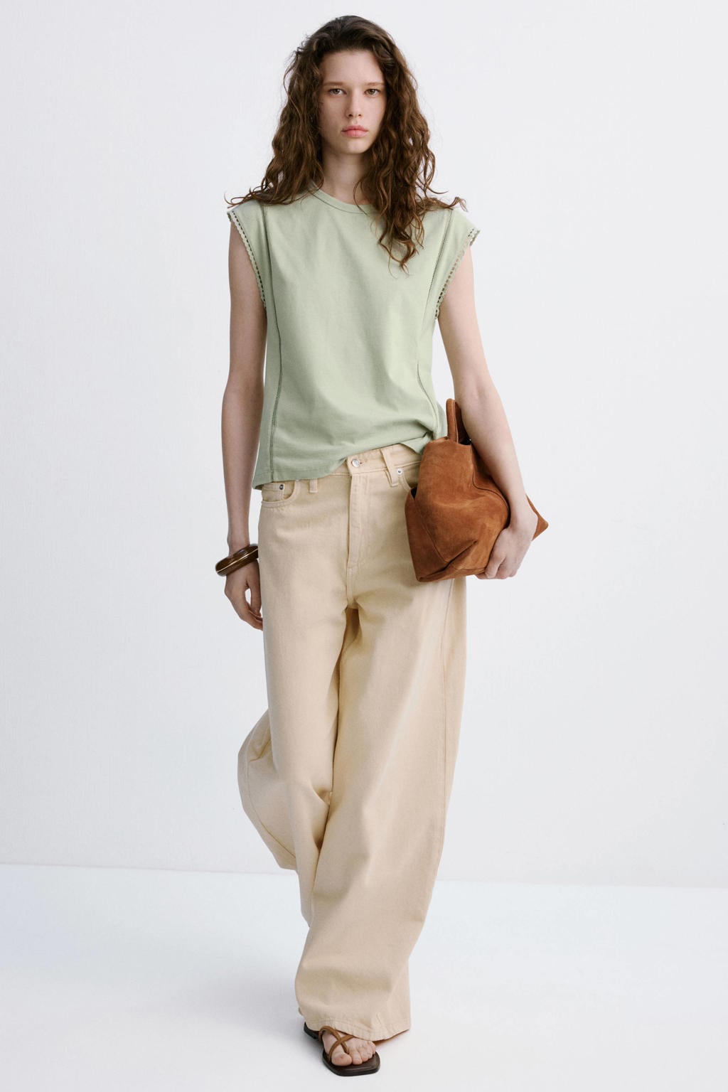Groene dames Mango top patroon met effen, korte mouwen en ronde hals
