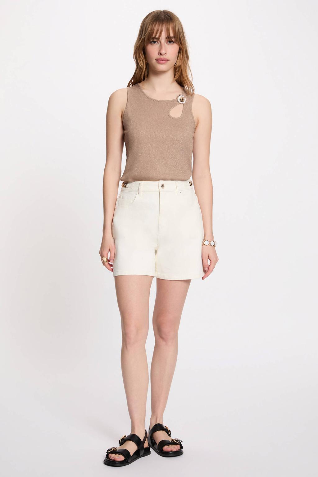 Beige dames Morgan gemêleerde top van viscose met melée print, ronde hals en glitters