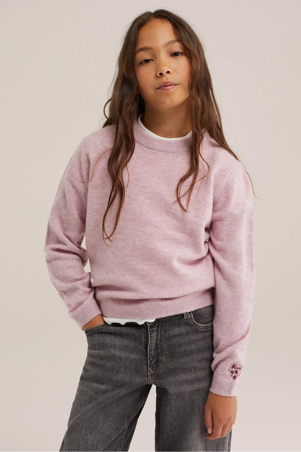 Oudroze meisjes WE Fashion gebreide trui van polyester met effen, lange mouwen en ronde hals