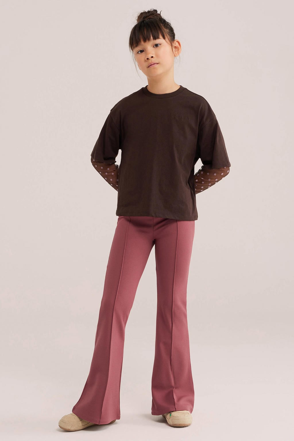 Bruin en roze meisjes WE Fashion longsleeve van katoen met effen, lange mouwen en ronde hals