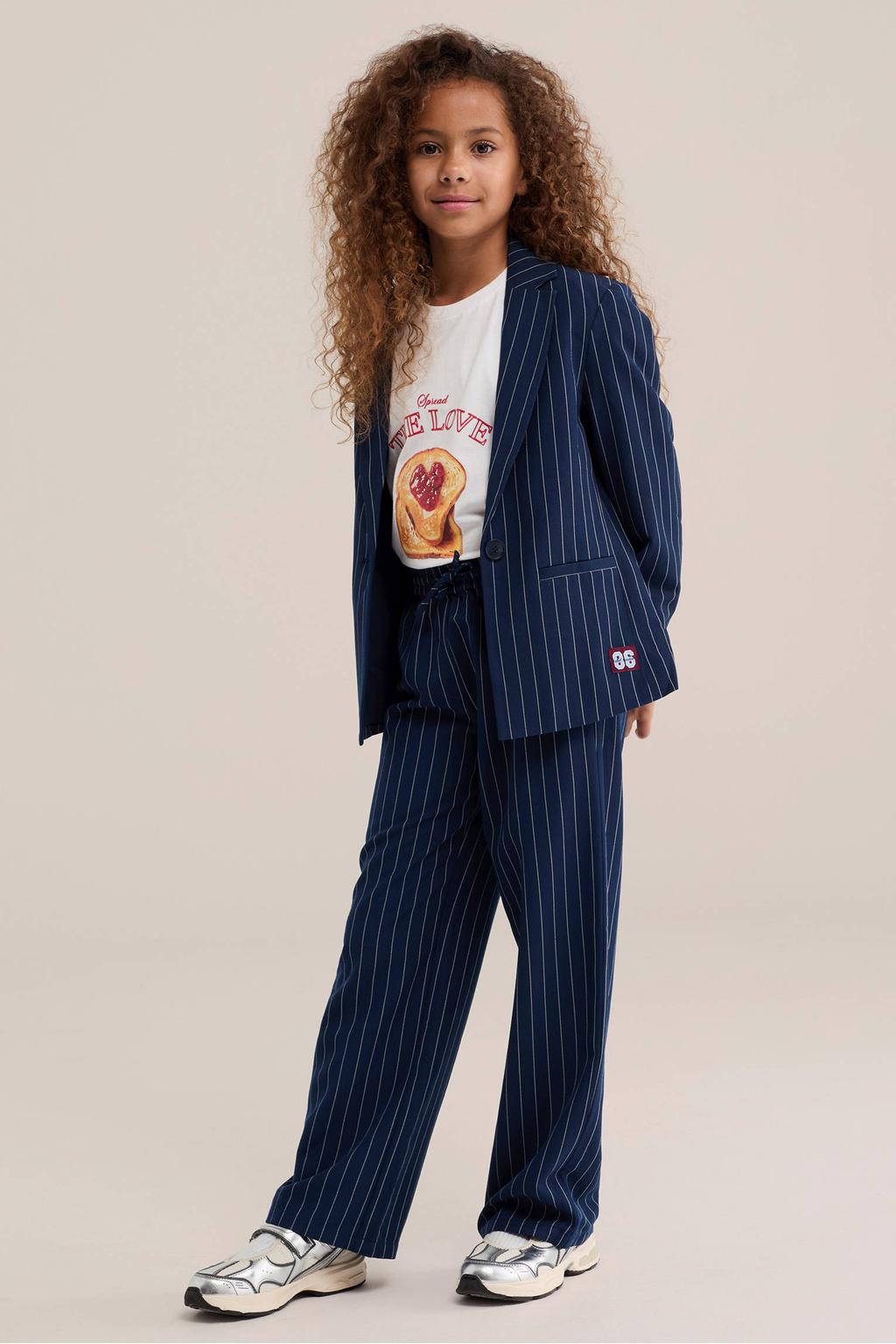 Marine, ecru en donkerrode meisjes WE Fashion regular fit gestreepte blazer blauw van katoen met lange mouwen en reverskraag