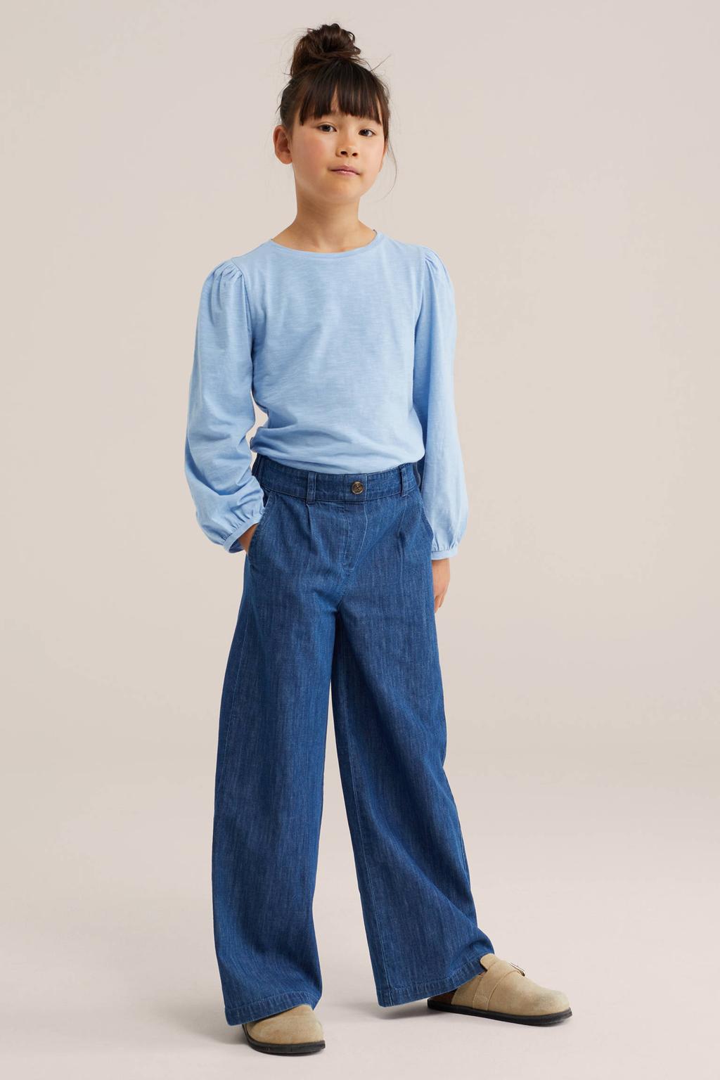 Lichtblauwe meisjes WE Fashion blousetop van katoen met effen, lange mouwen, ronde hals en elastische boord