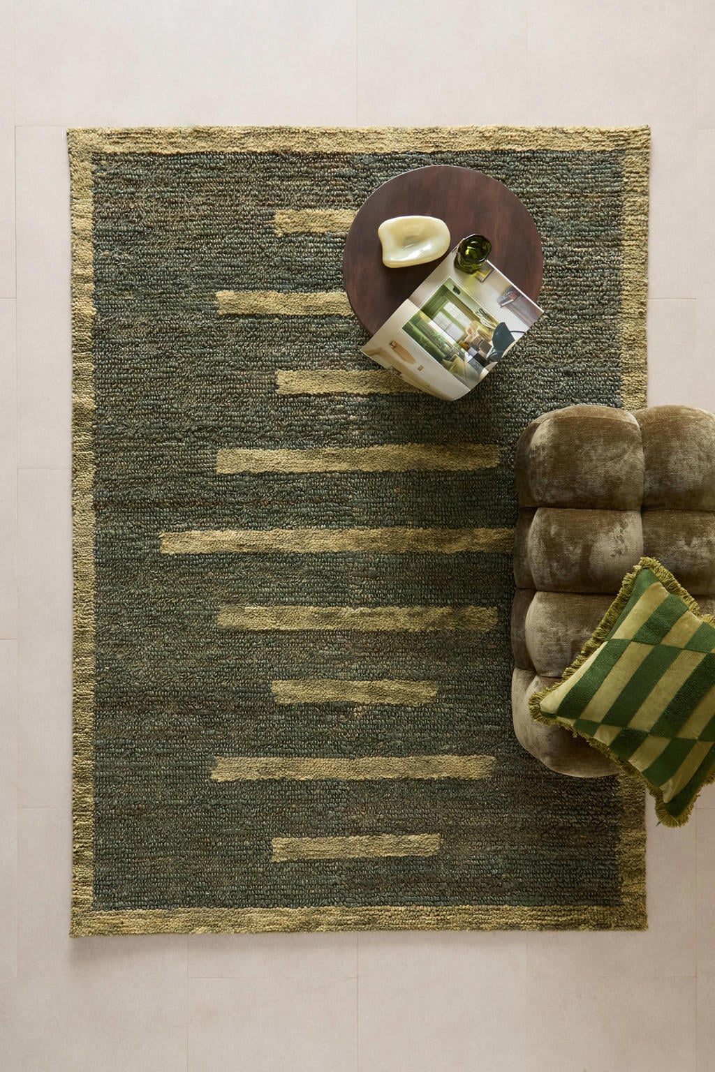 Studio LIVIT hoogpolig rechthoekige jute gestreepte vloerkleed Ash 230x160 cm - donkergroen/groen